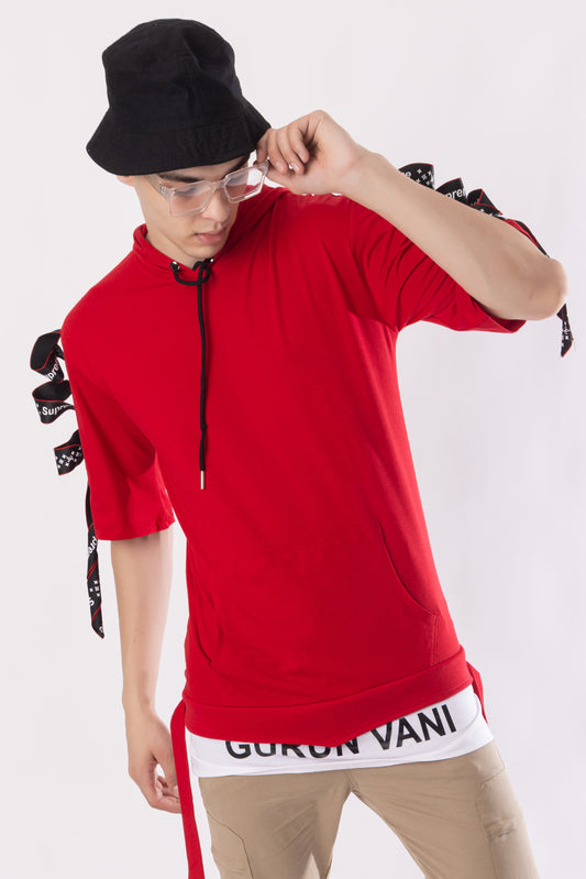 Men Oversized Hooded Neck Drop Shoulder Printed Cotton T-Shirt