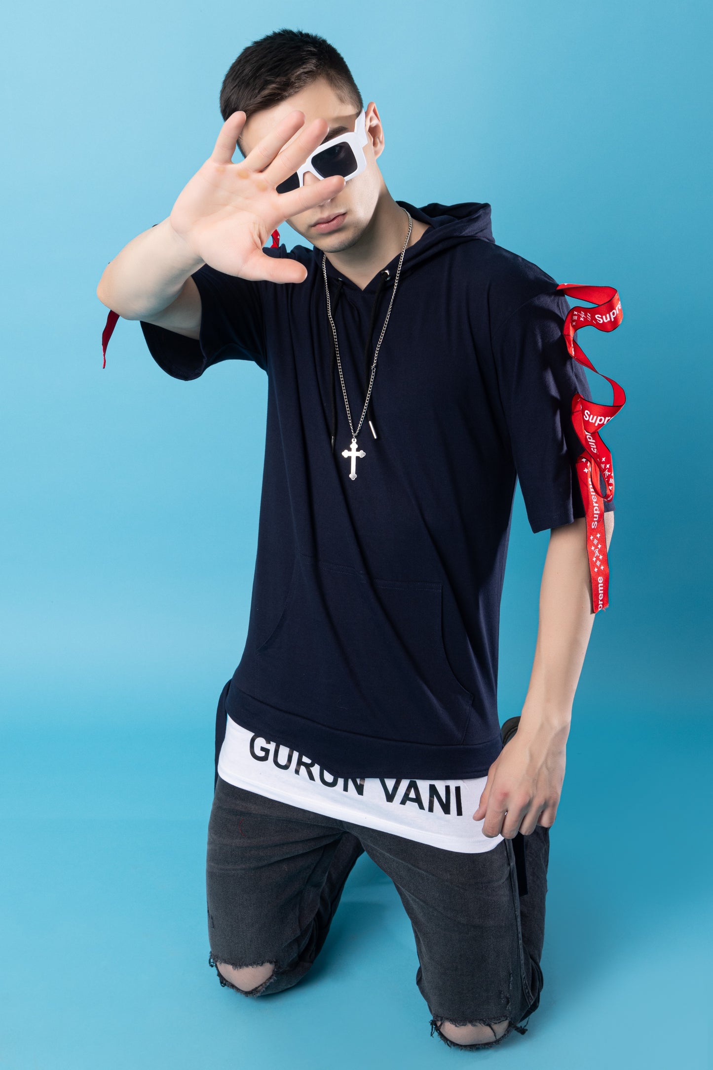 Men Oversized Hooded Neck Drop Shoulder Printed Cotton T-Shirt