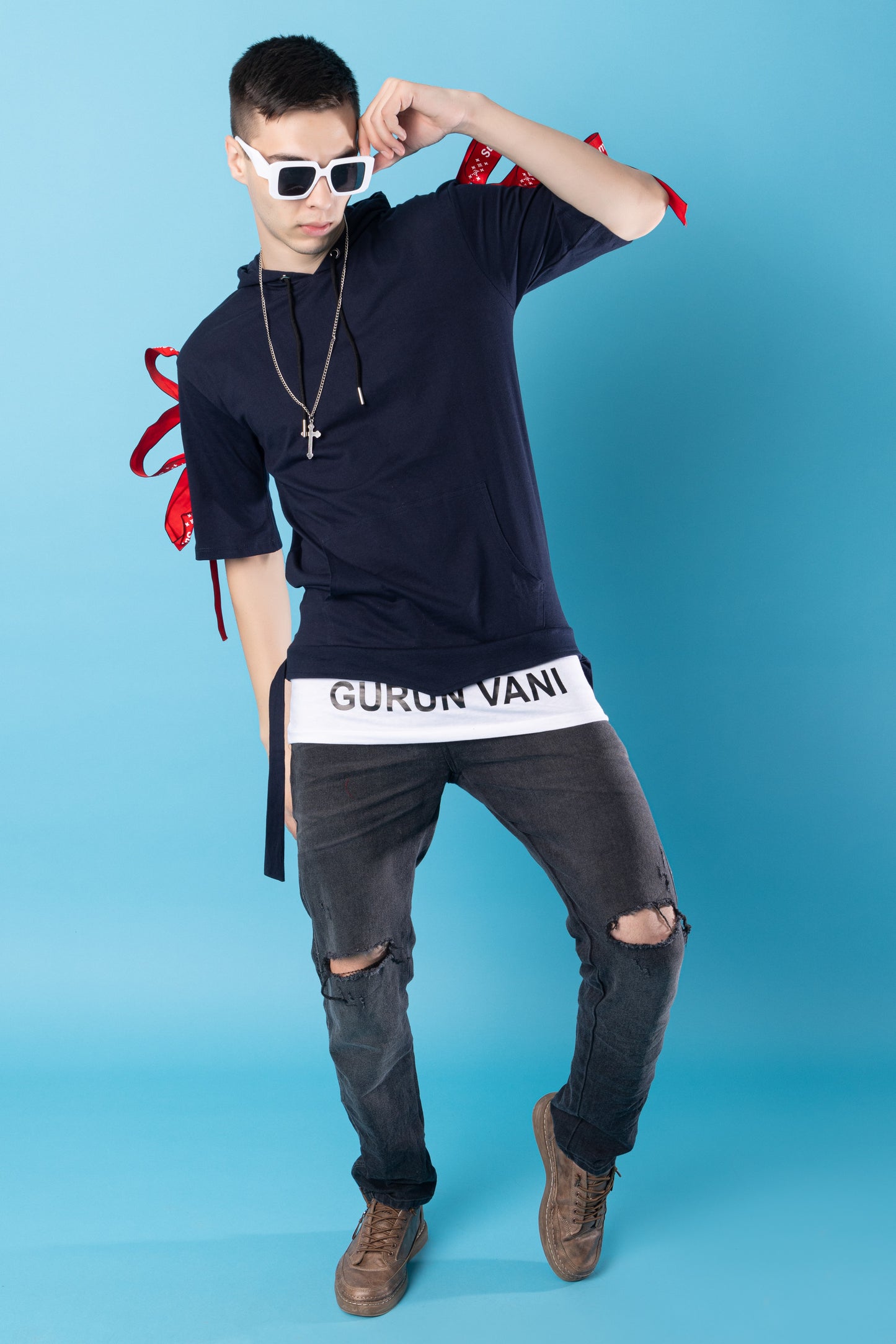 Men Oversized Hooded Neck Drop Shoulder Printed Cotton T-Shirt