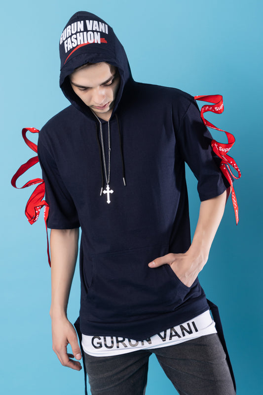 Men Oversized Hooded Neck Drop Shoulder Printed Cotton T-Shirt