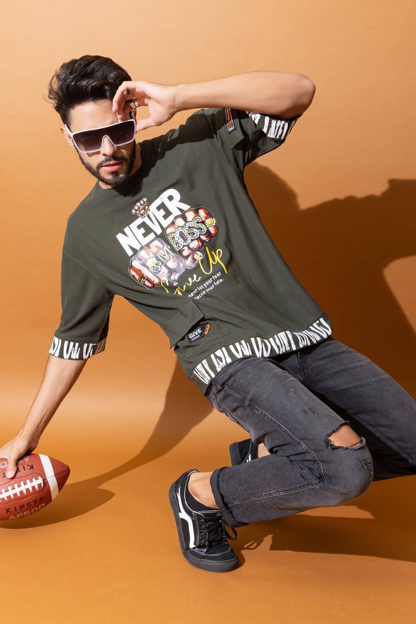 Men Oversized Round Neck Drop Shoulder Printed Cotton Lycra T-Shirt