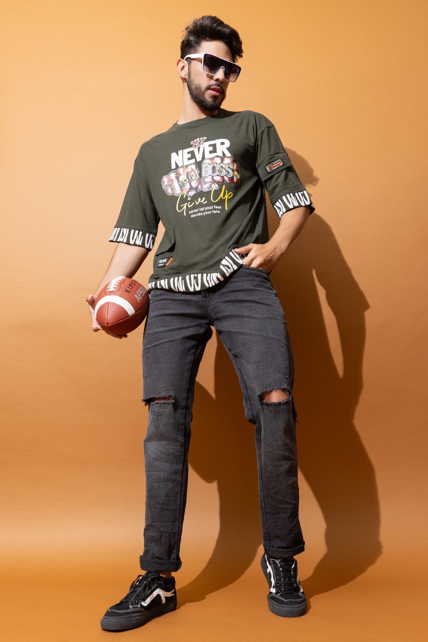 Men Oversized Round Neck Drop Shoulder Printed Cotton Lycra T-Shirt