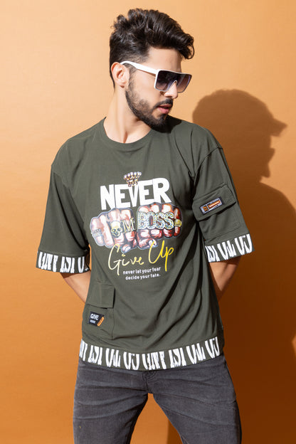 Men Oversized Round Neck Drop Shoulder Printed Cotton Lycra T-Shirt