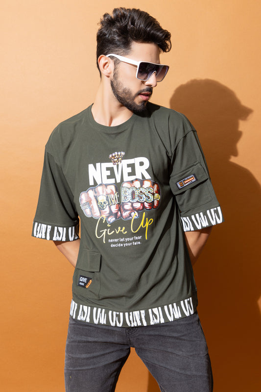 Men Oversized Round Neck Drop Shoulder Printed Cotton Lycra T-Shirt