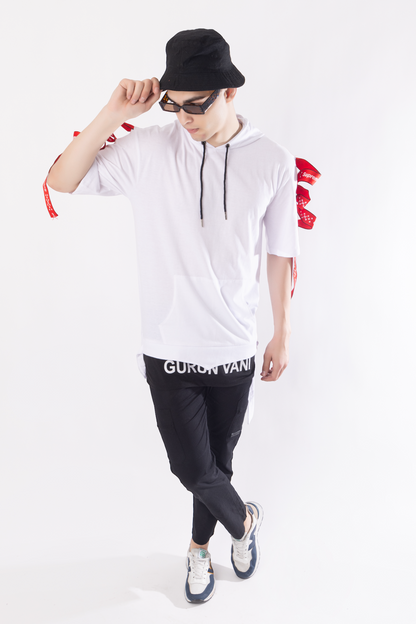 Men Oversized Hooded Neck Drop Shoulder Printed Cotton T-Shirt