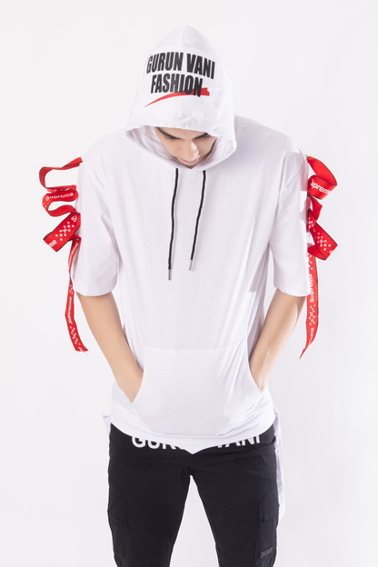 Men Oversized Hooded Neck Drop Shoulder Printed Cotton T-Shirt