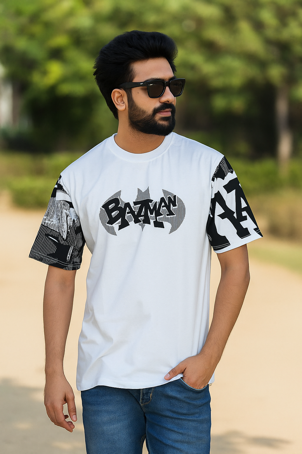 Men Oversized Round Neck Drop Shoulder Printed Cotton T-Shirt