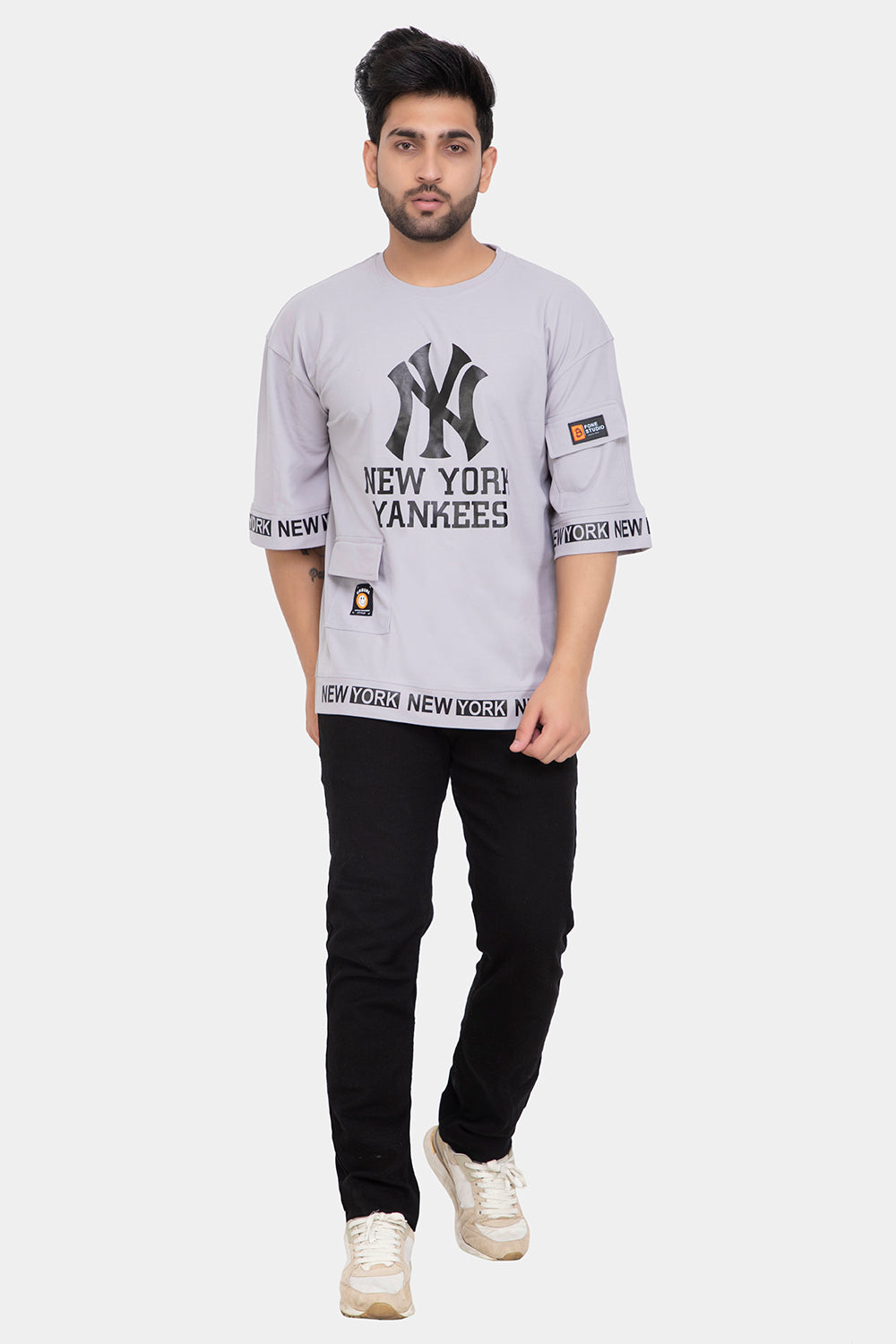 Men's Printed Round Neck Oversized Drop Shoulder Honeycomb T-Shirt