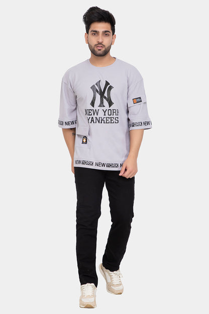 Men's Printed Round Neck Oversized Drop Shoulder Honeycomb T-Shirt