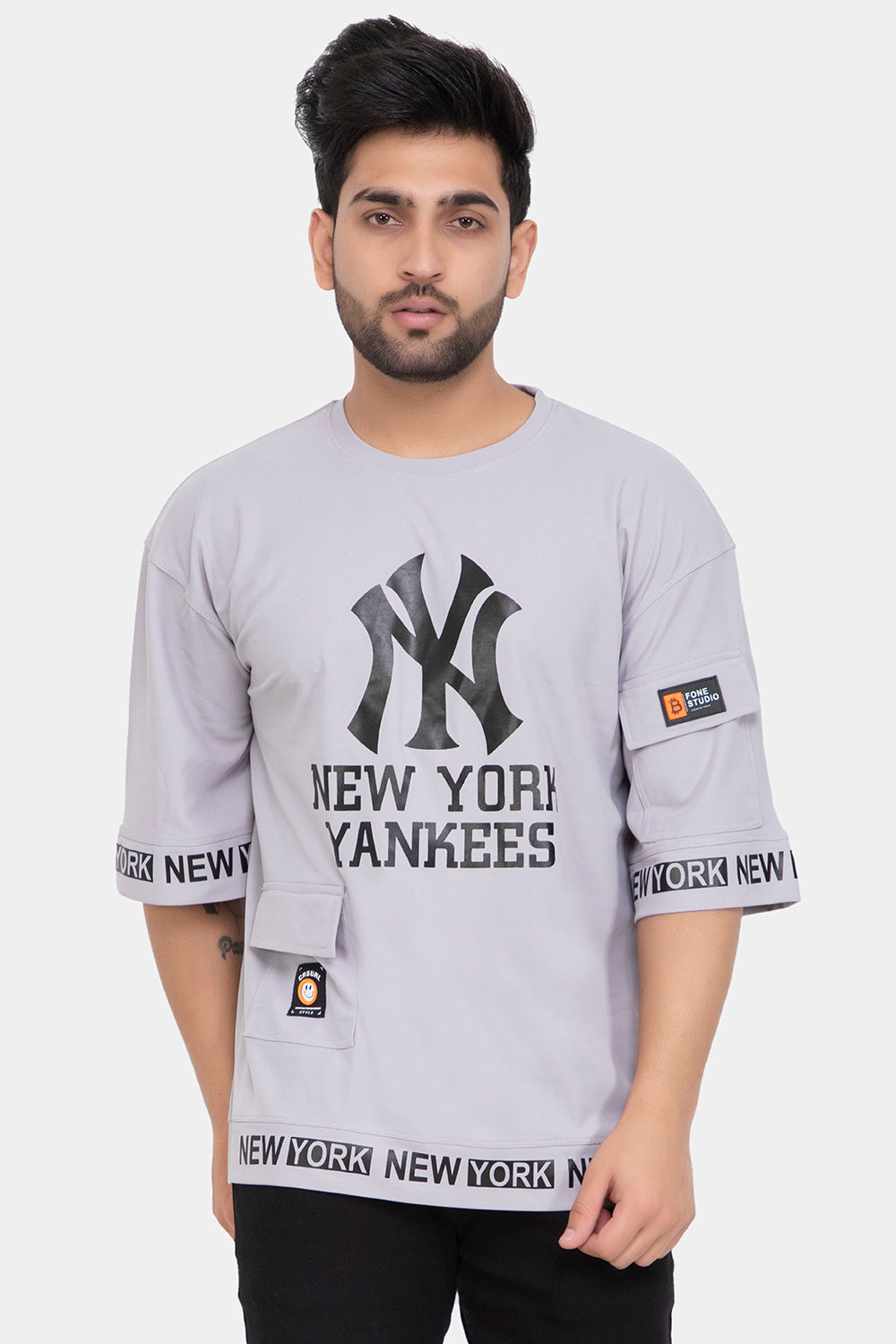 Men's Printed Round Neck Oversized Drop Shoulder Honeycomb T-Shirt
