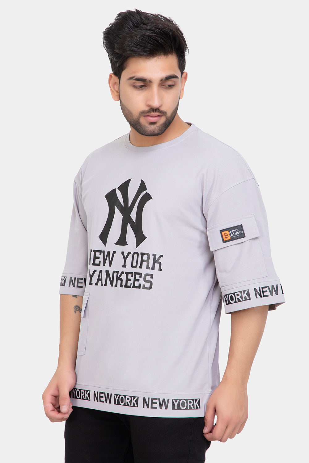Men's Printed Round Neck Oversized Drop Shoulder Honeycomb T-Shirt