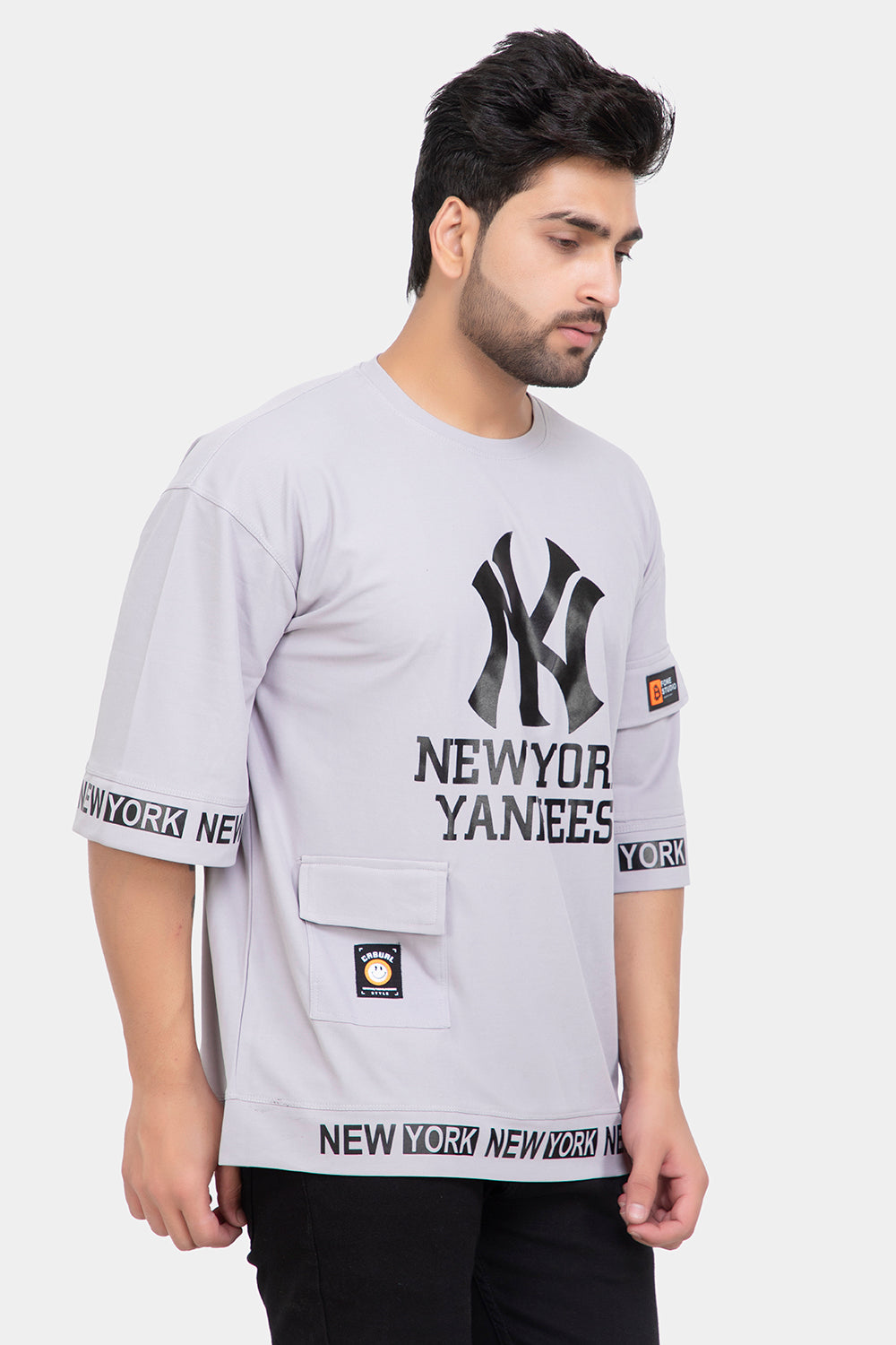 Men's Printed Round Neck Oversized Drop Shoulder Honeycomb T-Shirt