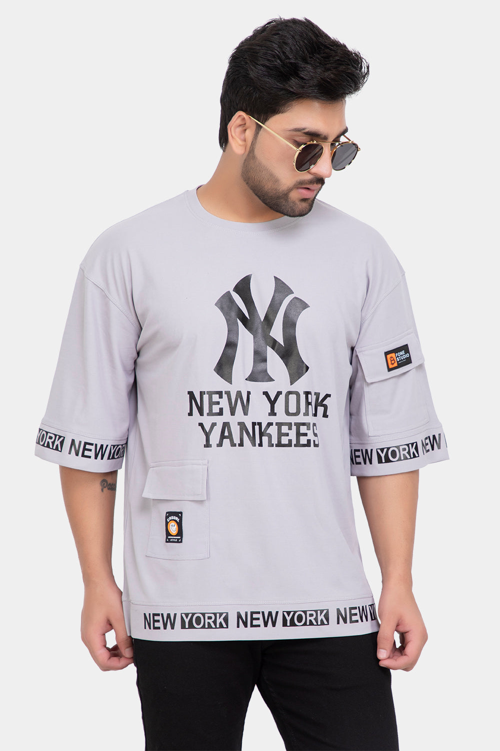 Men's Printed Round Neck Oversized Drop Shoulder Honeycomb T-Shirt