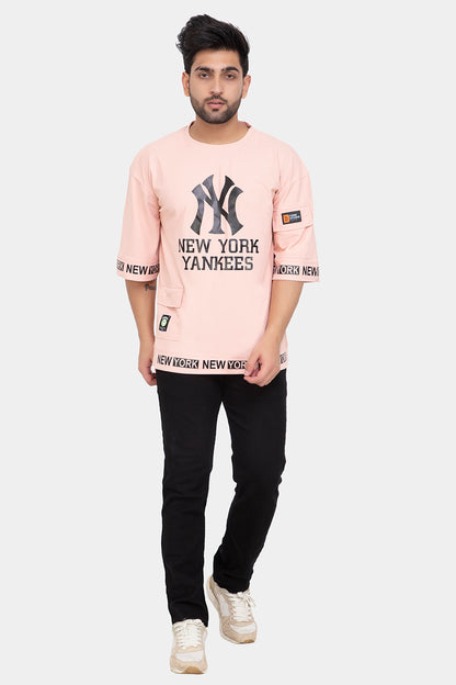 Men's Printed Round Neck Oversized Drop Shoulder Honeycomb T-Shirt
