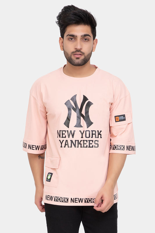 Men's Printed Round Neck Oversized Drop Shoulder Honeycomb T-Shirt