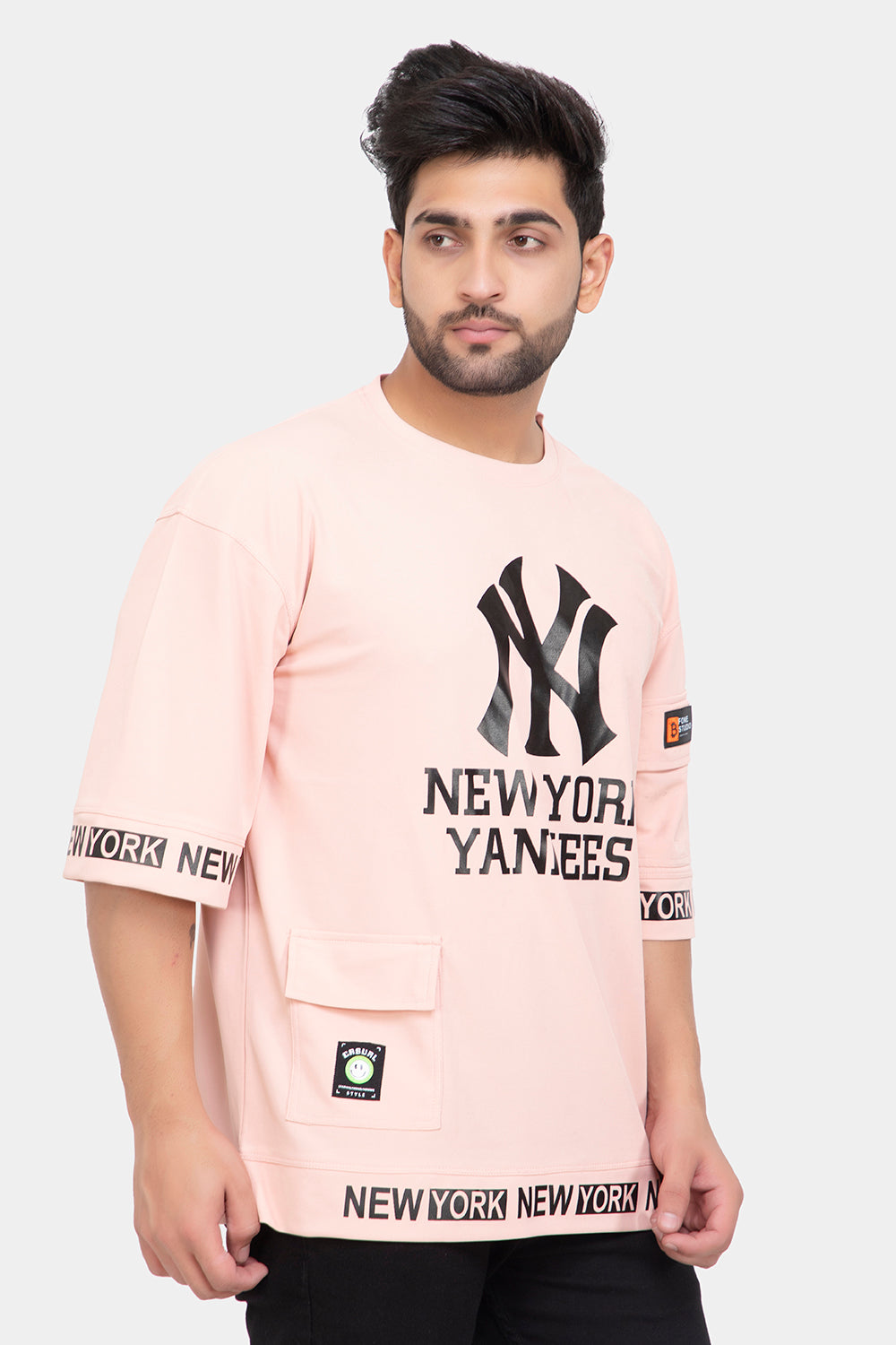 Men's Printed Round Neck Oversized Drop Shoulder Honeycomb T-Shirt