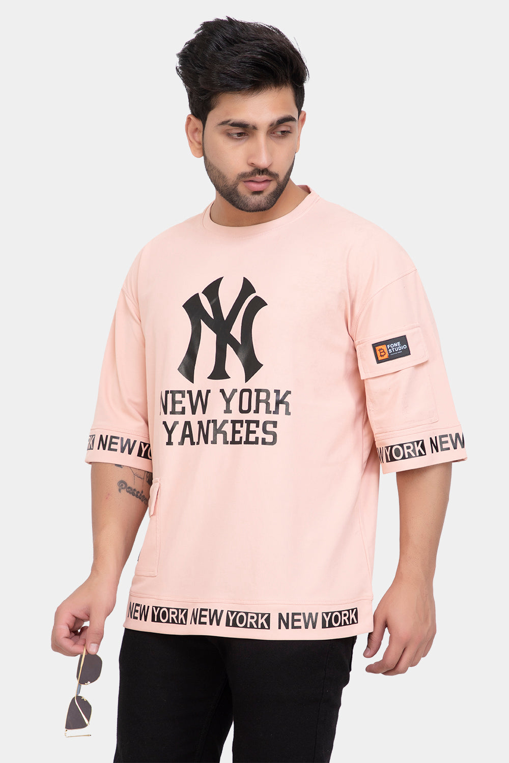 Men's Printed Round Neck Oversized Drop Shoulder Honeycomb T-Shirt