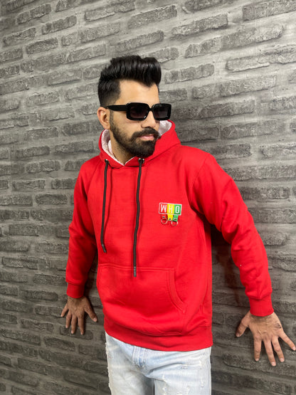 Red Color Back Printed Hooded 2 Thread Cotton Fleece Sweatshirt For Men