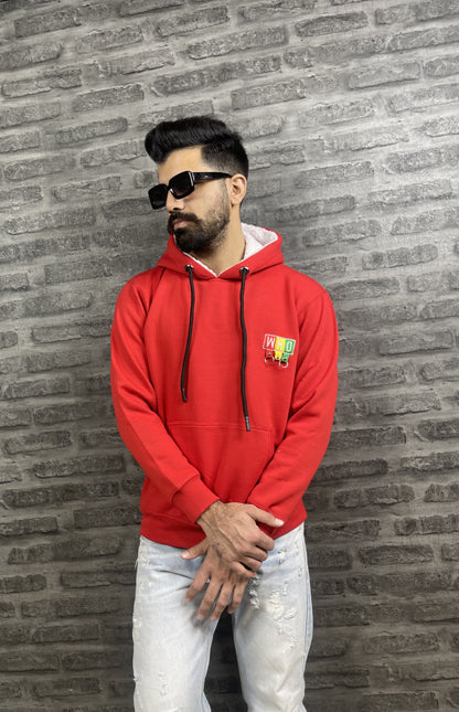 Red Color Back Printed Hooded 2 Thread Cotton Fleece Sweatshirt For Men