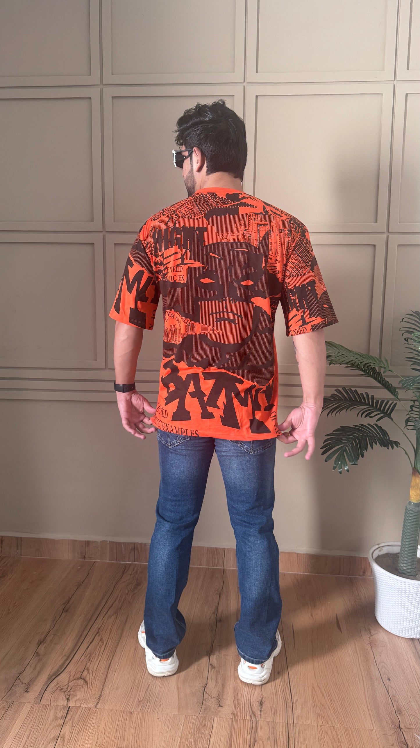 Men Oversized Round Neck Drop Shoulder Printed Cotton T-Shirt