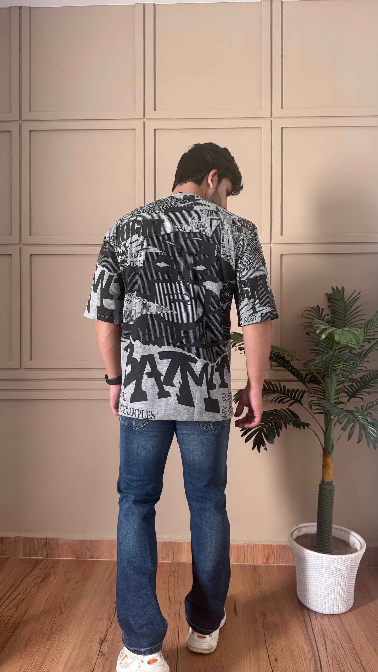 Men Oversized Round Neck Drop Shoulder Printed Cotton T-Shirt