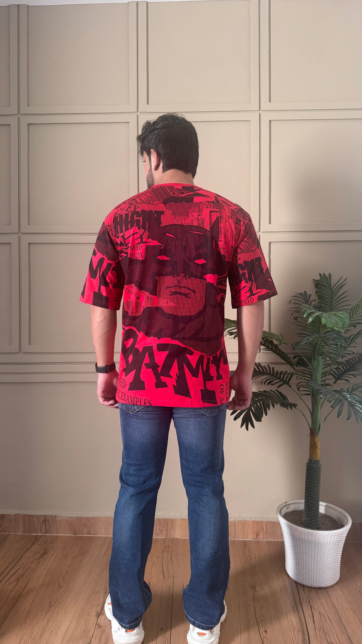 Men Oversized Round Neck Drop Shoulder Printed Cotton T-Shirt