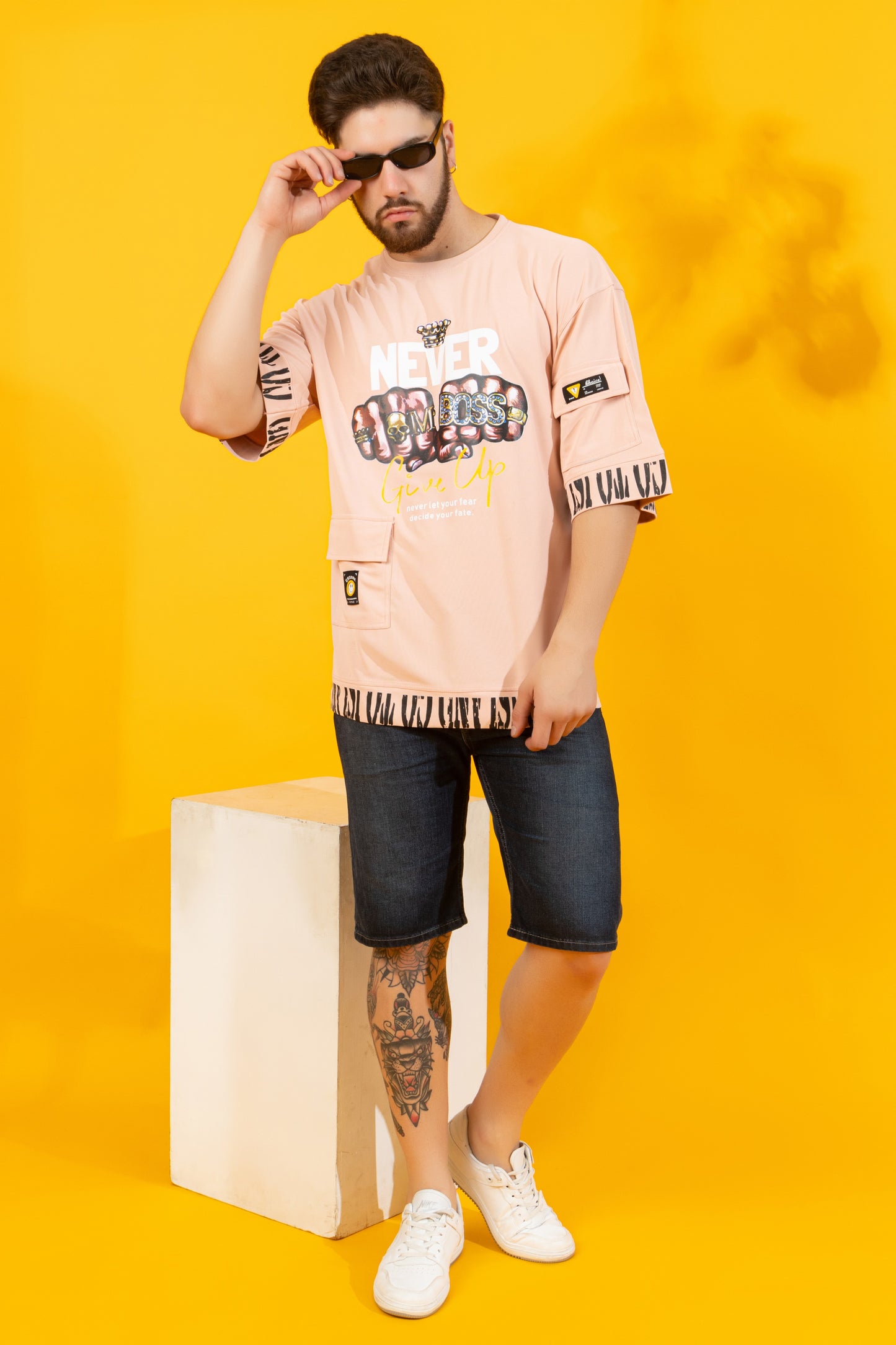 Men Oversized Round Neck Drop Shoulder Printed Cotton Lycra T-Shirt