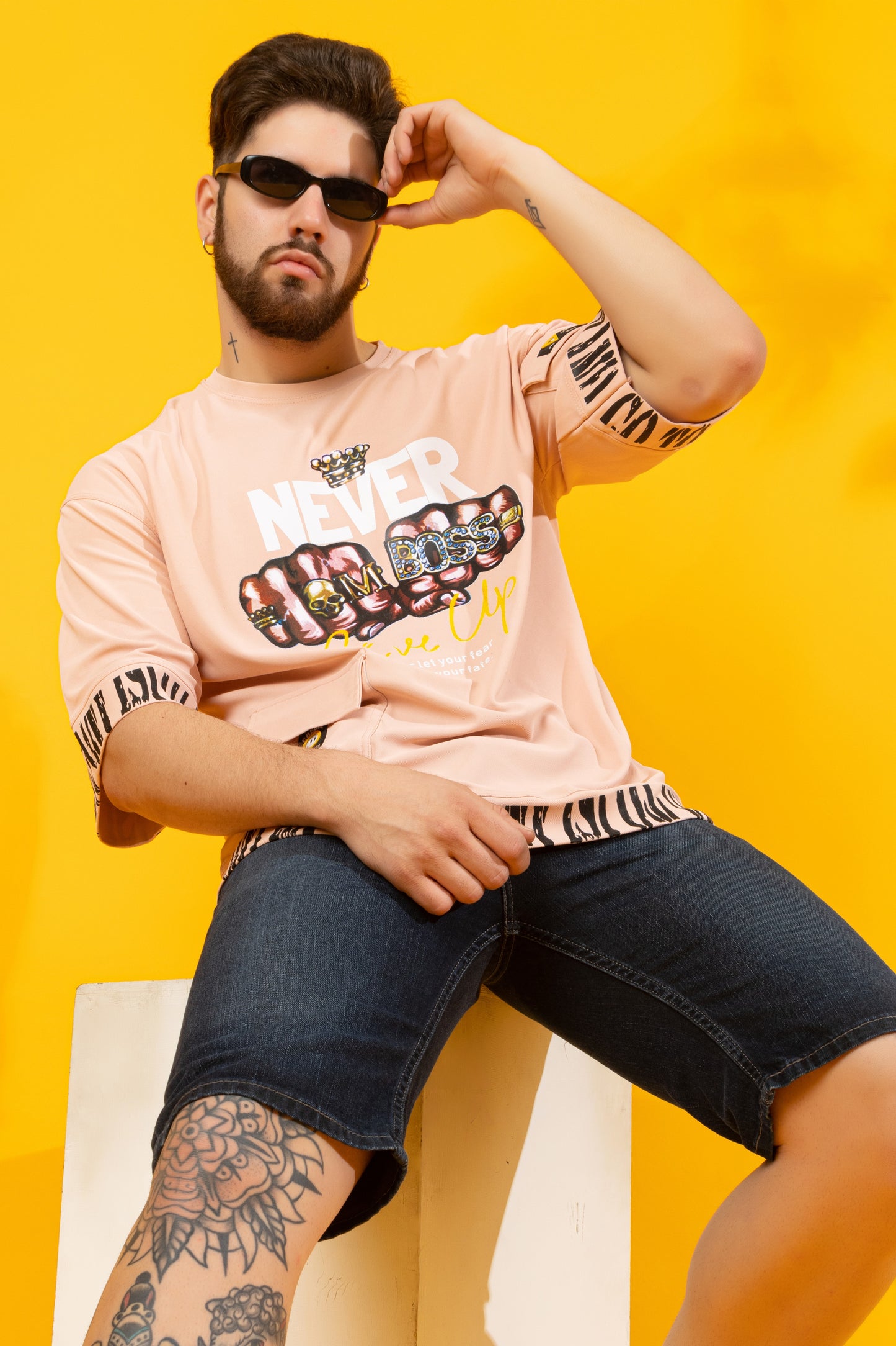 Men Oversized Round Neck Drop Shoulder Printed Cotton Lycra T-Shirt
