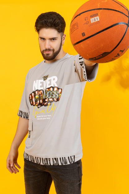 Men Oversized Round Neck Drop Shoulder Printed Cotton Lycra T-Shirt