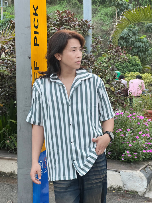 Men Cuban Collar Towel Knit Strapped Textured Slim Fit Casual Shirt