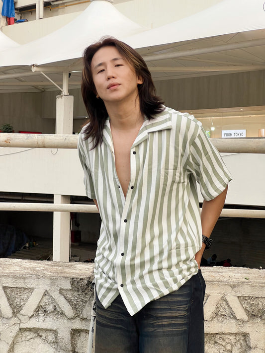 Men Cuban Collar Towel Knit Strapped Textured Slim Fit Casual Shirt