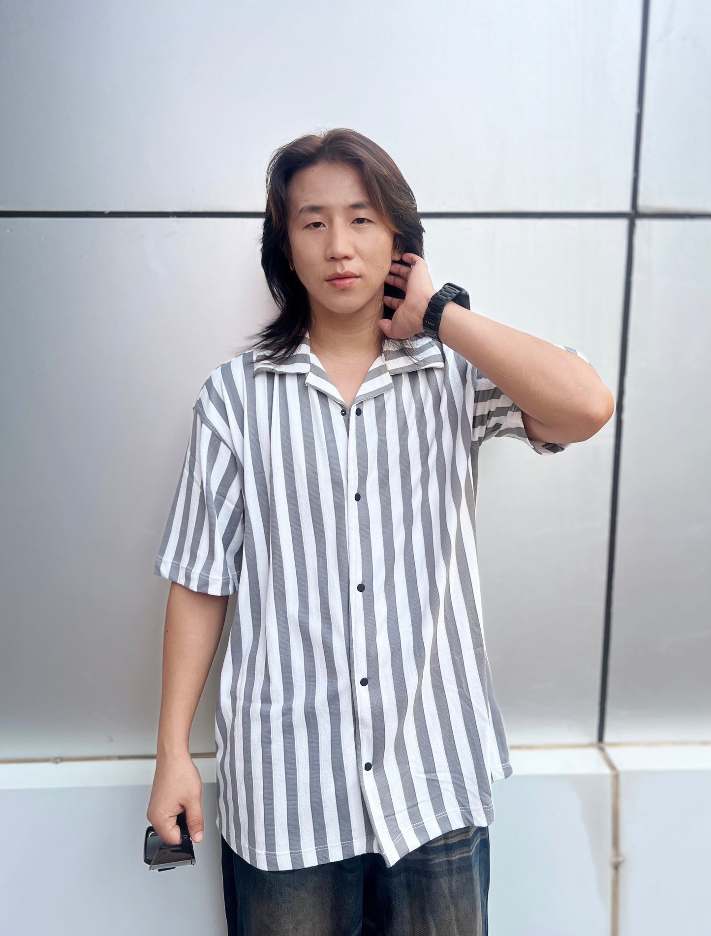 Men Cuban Collar Towel Knit Strapped Textured Slim Fit Casual Shirt