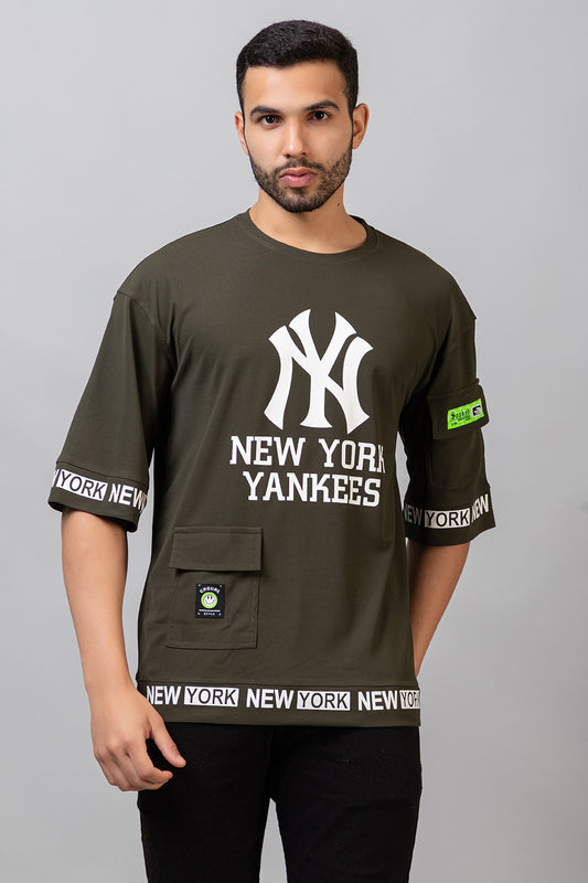 Men's Printed Round Neck Oversized Drop Shoulder Honeycomb T-Shirt