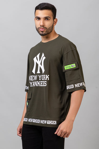 Men's Printed Round Neck Oversized Drop Shoulder Honeycomb T-Shirt
