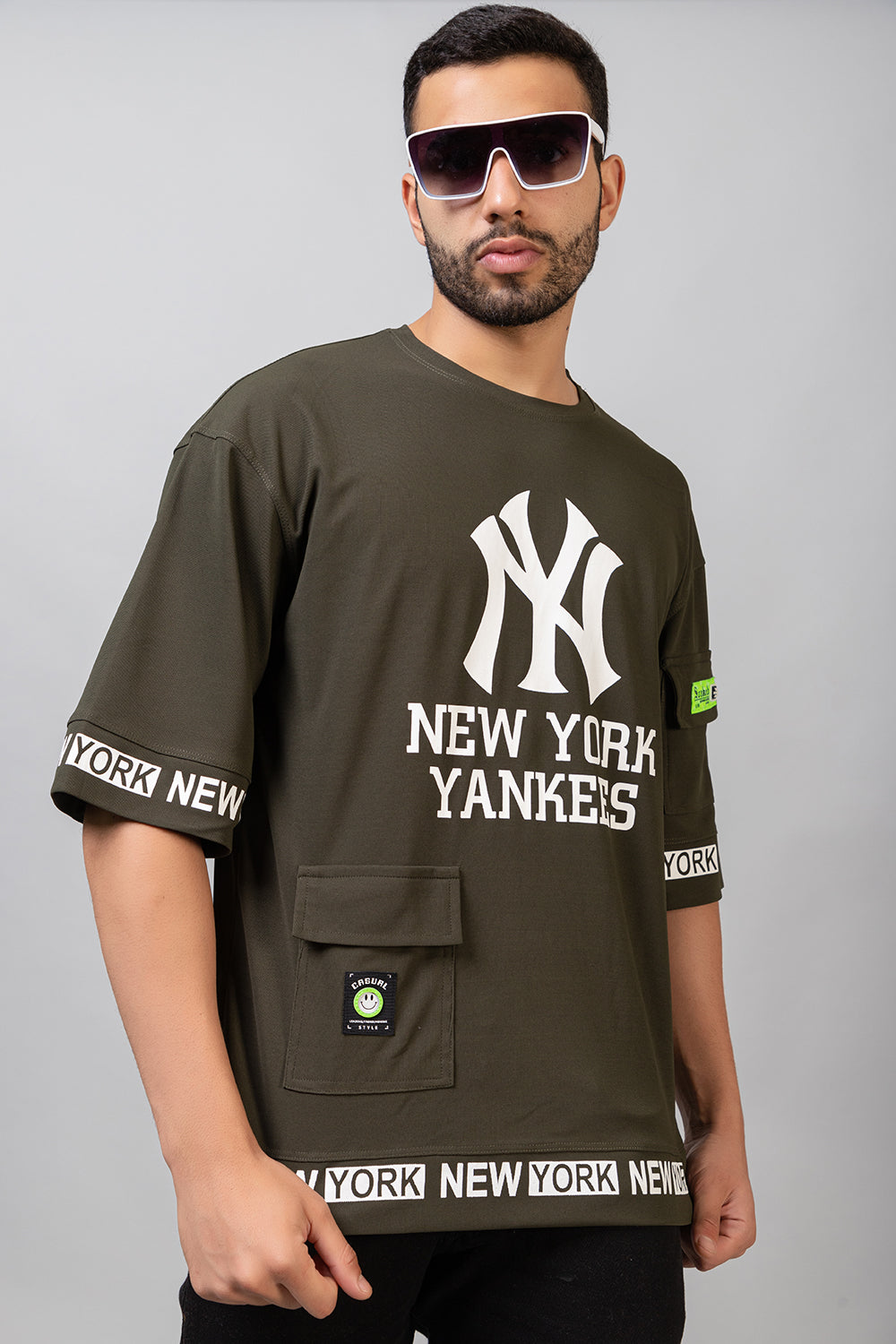 Men's Printed Round Neck Oversized Drop Shoulder Honeycomb T-Shirt