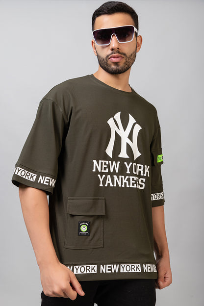 Men's Printed Round Neck Oversized Drop Shoulder Honeycomb T-Shirt