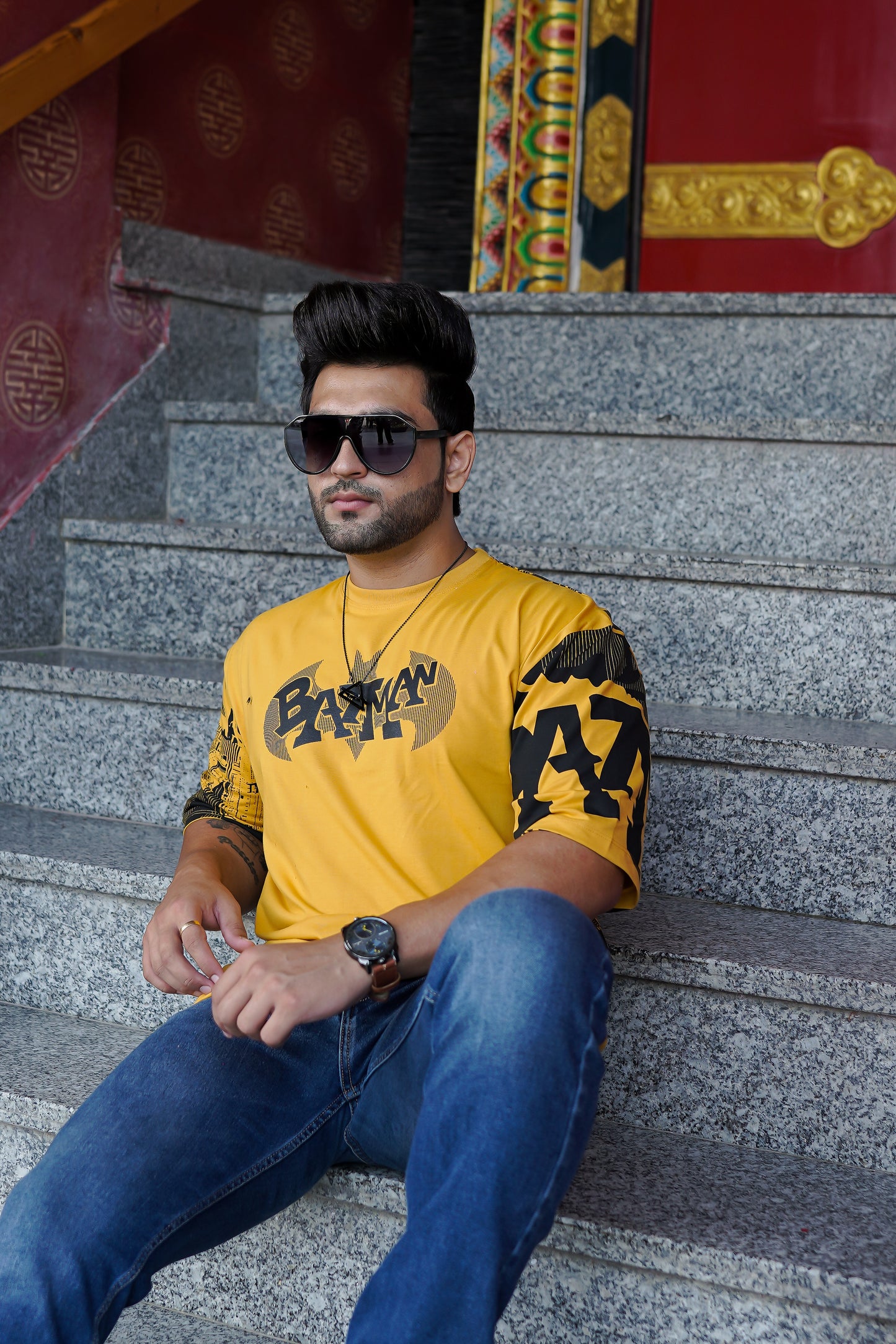 Men Oversized Round Neck Drop Shoulder Printed Cotton T-Shirt