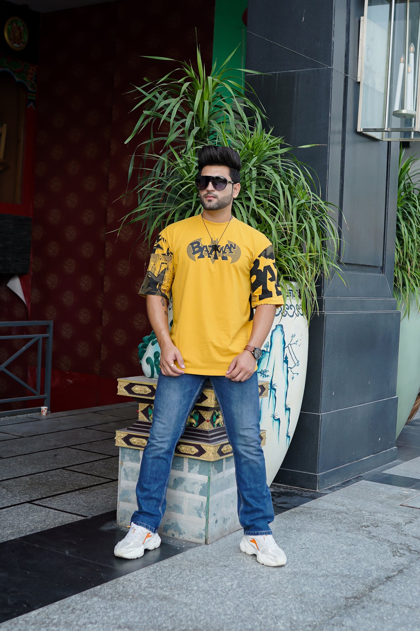 Men Oversized Round Neck Drop Shoulder Printed Cotton T-Shirt
