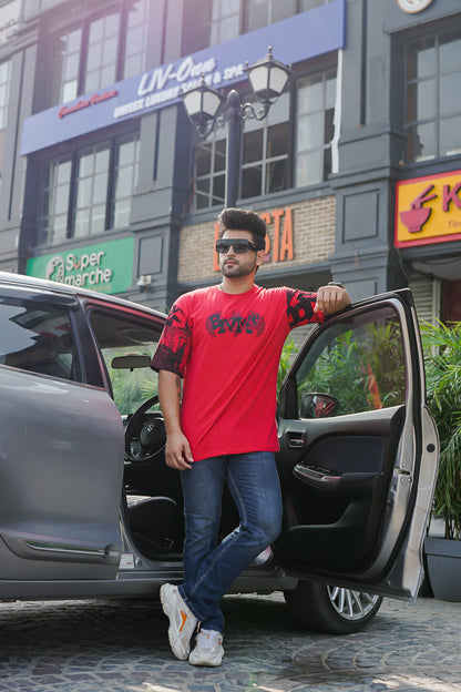 Men Oversized Round Neck Drop Shoulder Printed Cotton T-Shirt