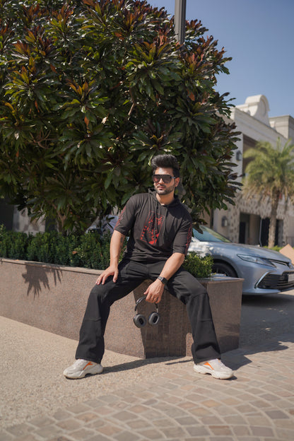 Men Oversized Hooded Neck Drop Shoulder Printed Cotton T-Shirt