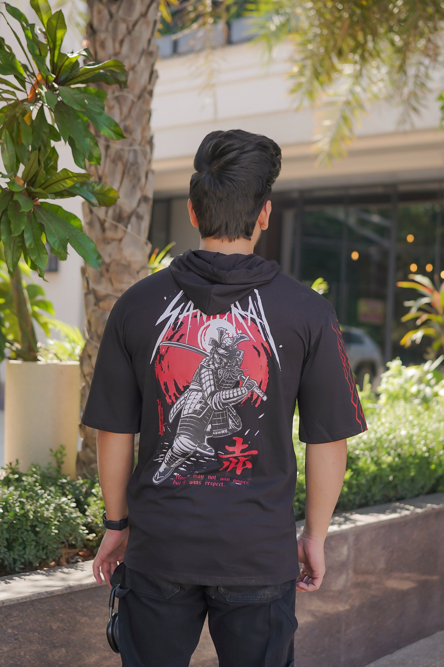 Men Oversized Hooded Neck Drop Shoulder Printed Cotton T-Shirt