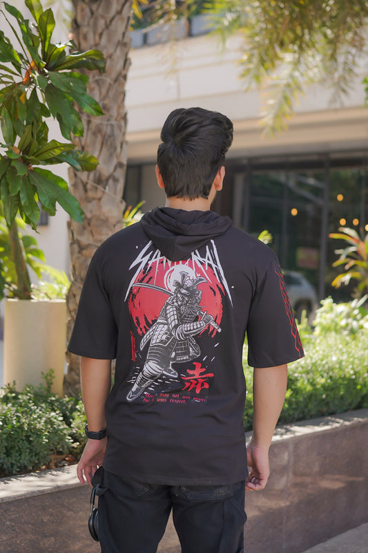 Men Oversized Hooded Neck Drop Shoulder Printed Cotton T-Shirt