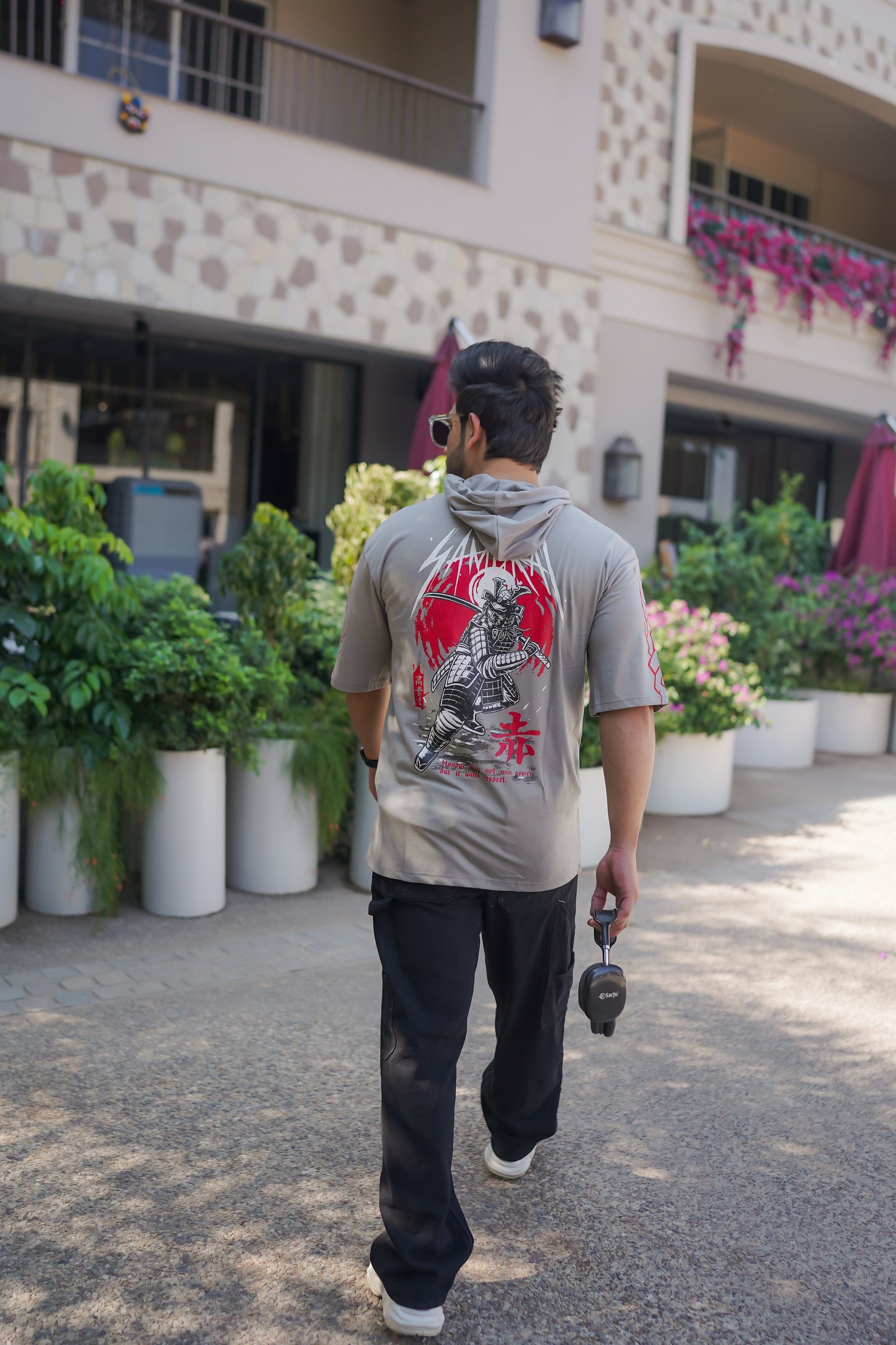 Men Oversized Hooded Neck Drop Shoulder Printed Cotton T-Shirt