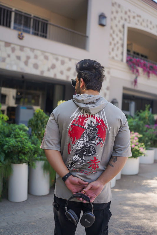Men Oversized Hooded Neck Drop Shoulder Printed Cotton T-Shirt