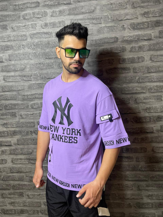 Men's Printed Round Neck Oversized Drop Shoulder Honeycomb T-Shirt