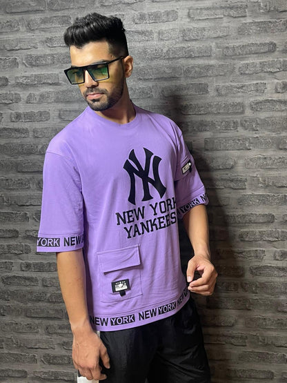 Men's Printed Round Neck Oversized Drop Shoulder Honeycomb T-Shirt