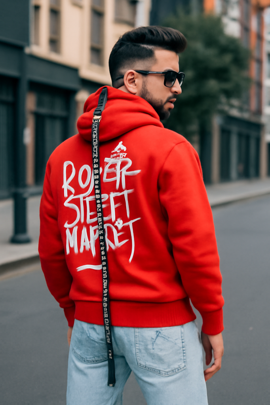 Red Color Back Printed Hooded 2 Thread Cotton Fleece Sweatshirt For Men