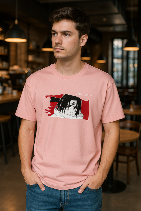 Itachi Uchiha Akatsuki Naruto T-Shirt | Anime Graphic Tee for Men & Women | Pink Cotton Oversized Streetwear