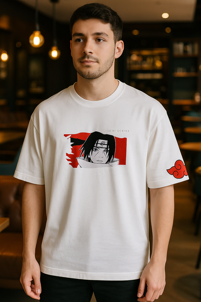 Itachi Uchiha Akatsuki Naruto T-Shirt | Anime Graphic Tee for Men & Women | White Cotton Oversized Streetwear